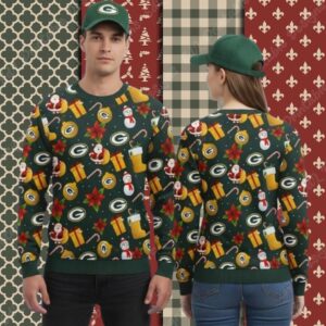 Green Bay Packers Santa Claus Snowman Funny Xmas Ugly Sweater
