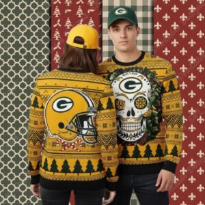 Green Bay Packers Skull Flowers Yellow Funny Christmas Ugly Sweater