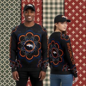 Mandala Denver Broncos Black Light Up Xmas Ugly Sweater