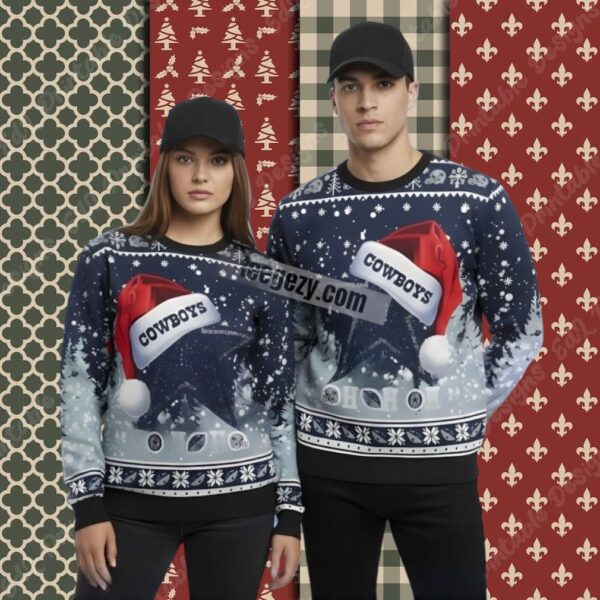 Personalized Dallas Cowboys Claus Hat Blue Christmas Ugly Sweater