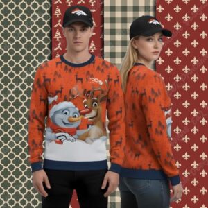 Reindeer Snowman Denver Broncos Orange Christmas Ugly Sweater