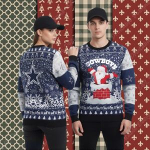 Santa Claus On Chimney Dallas Cowboys Blue Family Xmas Ugly Sweater