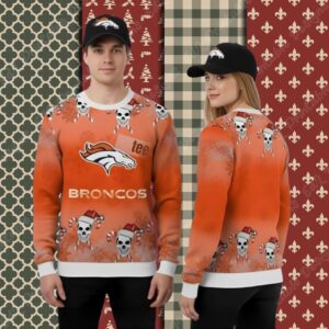 Santa Skull Denver Broncos Orange White Funny Christmas Ugly Sweater