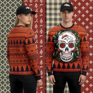 Skull Flower Denver Broncos Orange Xmas Ugly Sweater