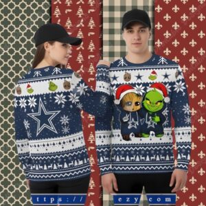 The Grinch And Baby Groot Dallas Cowboys Blue Funny Xmas Ugly Sweater