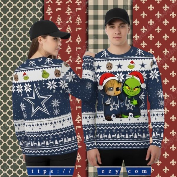 The Grinch And Baby Groot Dallas Cowboys Blue Funny Xmas Ugly Sweater
